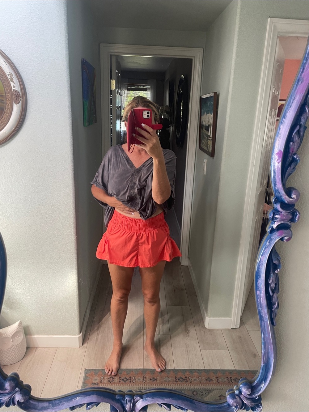 Women’s Coral Athletic Shorts with Elastic Waist and Ruffled Pockets